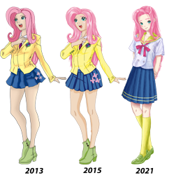 Size: 3969x4092 | Tagged: safe, artist:erim-kawamori, fluttershy, human, g4, 2013, 2015, 2021, boots, clothes, coat, comparison, cute, female, flats, high heel boots, humanized, miniskirt, necktie, open mouth, school uniform, schoolgirl, shirt, shoes, shyabetes, simple background, skirt, socks, solo, stockings, thigh highs, transparent background