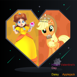 Size: 2543x2549 | Tagged: safe, artist:creaciones-jean, artist:dashiesparkle, artist:estories, artist:user15432, applejack, earth pony, human, pony, g4, apple daisy, cowboy hat, crack shipping, crossover, crossover shipping, crown, duo, envelope, flower, flower in hair, happy valentines day, hat, heart, high res, holiday, jewelry, looking at you, nintendo, princess daisy, regalia, shipping, smiling, super mario bros., valentine, valentine's day, valentine's day card