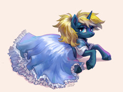 Size: 2912x2175 | Tagged: safe, artist:lunnita_pony, oc, oc only, oc:maple parapet, pony, unicorn, clothes, cute, dress, female, hoof fluff, lidded eyes, looking at you, lying down, mare, ocbetes, prone, simple background, smiling, solo, unshorn fetlocks, white background