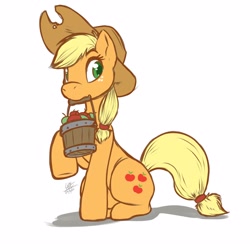 Size: 1250x1250 | Tagged: safe, artist:lou_art_93, applejack, earth pony, pony, g4, apple, bucket, colored pupils, cowboy hat, female, food, hat, looking sideways, mare, mouth hold, raised hoof, signature, simple background, sitting, solo, white background