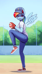 Size: 1800x3122 | Tagged: safe, artist:mrscroup, rainbow dash, pegasus, anthro, plantigrade anthro, g4, ass, baseball, baseball cap, baseball glove, butt, cap, clothes, floating wings, gloves, hat, jeans, looking at you, no tail, pants, shoes, sneakers, solo, sports, wings