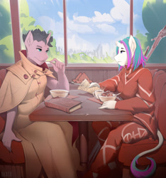 Size: 2919x3115 | Tagged: safe, artist:okata, oc, oc:bucky, oc:diamond mind, unicorn, anthro, book, booth, broken horn, city, clothes, coffee, diacky, female, food, high res, horn, ice cream, looking at each other, male, oc x oc, shipping, sitting, sword, table, tree, unicorn oc, weapon, window