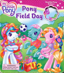 Size: 1280x1450 | Tagged: safe, artist:heckyeahponyscans, artist:lyn fletcher, cupcake (g3), minty, sunny daze (g3), earth pony, pony, g3, official, bag, bipedal, blowing, blowing whistle, book, braid, bubble, bubble wand, clipboard, clothes, cover, cover page, dandelion, female, flag, flower, flying, football, heart, heart eyes, jump rope, kicking, liquid soap, mare, official book, pony field day, ponytail, ribbon, scrunchie, soap, starry eyes, t-shirt, trio, trio female, visor, whistle, wingding eyes