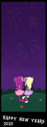 Size: 1920x5141 | Tagged: safe, artist:dinkyuniverse, dinky hooves, lily longsocks, earth pony, pony, unicorn, g4, adorasocks, comic, cute, dinkabetes, duo, duo female, female, filly, fireworks, flower, grass, happy new year, happy new year 2020, holiday, lesbian, lilydorable, night, rear view, ship:dinkily, shipping, sitting, watching