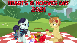 Size: 2064x1160 | Tagged: safe, anonymous artist, coloratura, feather bangs, earth pony, pony, g4, 2021, ball, basket, bouquet, bouquet of flowers, colorabangs, date, dating, female, flirting, flower, food, hearts and hooves day, holiday, juggling, looking at each other, male, muffin, open mouth, park, picnic, picnic basket, picnic blanket, relaxing, shipping, sitting, smiling, song reference, straight, teeth, valentine's day, youtube link in the description