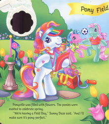 Size: 1280x1445 | Tagged: safe, artist:heckyeahponyscans, artist:lyn fletcher, minty, sunny daze (g3), sweet breeze, earth pony, pony, g3, bag, banner, bipedal, bow, bubble, bubble wand, clipboard, clothes, dribbling, female, flag, flower, football, handwritten text, heart, heart eyes, holding a pencil, jump rope, kicking, looking at you, pencil, polo shirt, pony field day, stone path, t-shirt, trio, trio female, tulip, visor, whistle, wingding eyes