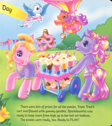 Size: 1280x1439 | Tagged: safe, artist:heckyeahponyscans, artist:lyn fletcher, cupcake (g3), sparkleworks, star catcher, triple treat, earth pony, pegasus, pony, g3, official, apron, banner, bipedal, bow, cart, clothes, cupcake, decoration, dragging, female, flying, food, hot air balloon, mare, open mouth, pony field day, ribbon, scan, scrunchie, soda, starry eyes, stopwatch, timer, tongue out, tulip, watch, well, wingding eyes