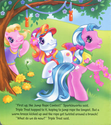 Size: 1280x1441 | Tagged: safe, artist:heckyeahponyscans, artist:lyn fletcher, cupcake (g3), sunny daze (g3), sweet breeze, earth pony, pony, g3, official, bipedal, clothes, dandelion, dandelion seeds, female, flower, flower in hair, flower jump rope, hanging, heart, heart eyes, jump rope, mare, petals, polo shirt, pony field day, ponytail, scan, scrunchie, smiling, starry eyes, t-shirt, tree, visor, wingding eyes