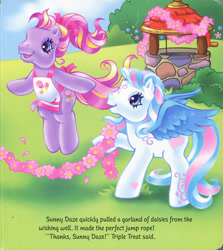 Size: 1280x1438 | Tagged: safe, artist:heckyeahponyscans, artist:lyn fletcher, star catcher, triple treat, earth pony, pegasus, pony, g3, official, apron, bow, bush, clothes, daisy (flower), female, flower decoration, flower jump rope, garland, holding, jumping, mare, petals, playing, pony field day, ponytail, ribbon, scan, starry eyes, well, wingding eyes