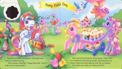 Size: 2552x1444 | Tagged: safe, artist:lyn fletcher, cupcake (g3), minty, sparkleworks, star catcher, sunny daze (g3), sweet breeze, triple treat, earth pony, pegasus, pony, g3, apron, bag, banner, bipedal, bow, bubble, bubble wand, cart, clipboard, clothes, cupcake, decoration, dragging, dribbling, female, flag, flower, flying, food, football, handwritten text, heart, heart eyes, holding a pencil, hot air balloon, jump rope, kicking, looking at you, open mouth, pencil, polo shirt, pony field day, ribbon, scrunchie, soda, stone path, stopwatch, t-shirt, timer, tongue out, trio, trio female, tulip, visor, watch, well, whistle, wingding eyes