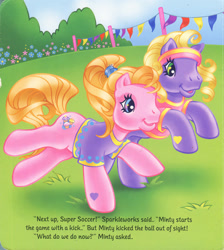 Size: 1280x1428 | Tagged: safe, artist:heckyeahponyscans, artist:lyn fletcher, cupcake (g3), daisyjo, earth pony, pony, g3, official, clothes, decoration, female, flower, greener than green meadow, headband, heart, heart eyes, implied minty, implied sparkleworks, mare, mini flags, official book, playing, pole, pony field day, running, scrunchie, starry eyes, super soccer, t-shirt, wingding eyes