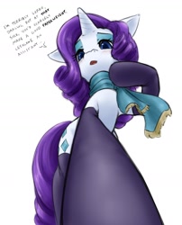 Size: 1358x1678 | Tagged: safe, artist:alloyrabbit, rarity, pony, unicorn, g4, blushing, clothes, dialogue, female, giantess, looking down, low angle, macro, scarf, socks, solo, stockings, thigh highs