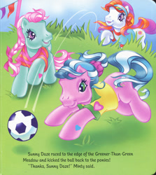 Size: 1280x1436 | Tagged: safe, artist:heckyeahponyscans, artist:lyn fletcher, minty, sunny daze (g3), sweet breeze, pony, g3, braid, clothes, decoration, determined, football, greener than green meadow, heart, heart eyes, kick, leaping, mini flags, overgrown, pole, polo shirt, pony field day, ponytail, ribbon, running, scrunchie, soccer field, super soccer, t-shirt, visor, wingding eyes