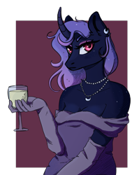 Size: 4840x6400 | Tagged: safe, artist:isorrayi, oc, oc only, unicorn, anthro, absurd resolution, alcohol, beautiful, champagne, champagne glass, charming, classy, clothes, curved horn, dress, elegant, evening gloves, female, glass, gloves, horn, jewelry, long gloves, long hair, mare, necklace, palindrome get, pearl necklace, purple hair, solo, wine