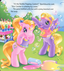 Size: 1280x1419 | Tagged: safe, artist:heckyeahponyscans, artist:lyn fletcher, cupcake (g3), daisyjo, earth pony, pony, g3, official, bipedal, bubble, cart, clothes, cupcake, decoration, female, flower, food, happy, headband, heart, heart eyes, implied sparkleworks, implied star catcher, liquid soap, mare, mini flags, one ear down, open mouth, pole, pony field day, ponytail, popping, sad, scan, scrunchie, shocked, shocked expression, soap, soda, spilled, starry eyes, straw, t-shirt, wingding eyes