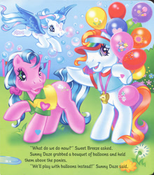Size: 1280x1453 | Tagged: safe, artist:heckyeahponyscans, artist:lyn fletcher, star catcher, sunny daze (g3), sweet breeze, earth pony, pegasus, pony, g3, official, balloon, bipedal, bubble, clothes, dandelion, decoration, female, flower, flying, heart, heart eyes, holding balloons, liquid soap, looking at you, mare, mini flags, official book, open mouth, party balloon, pole, polo shirt, pony field day, ponytail, scrunchie, shirt, soap, t-shirt, trio, trio female, unsure, visor, whistle, wingding eyes