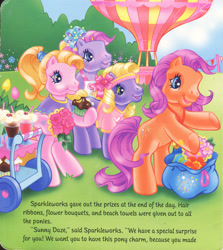 Size: 1280x1432 | Tagged: safe, artist:heckyeahponyscans, artist:lyn fletcher, cupcake (g3), daisyjo, sparkleworks, triple treat, earth pony, pony, g3, official, apron, bag, bipedal, bouquet, bouquet of flowers, cart, clothes, cupcake, eating, female, flower, flower in hair, food, hair ribbon, headband, heart, heart eyes, hot air balloon, jewelry, mare, necklace, pony field day, ponytail, ribbon, scan, scrunchie, soda, starry eyes, stopwatch, straw, t-shirt, towel, tulip, watch, wingding eyes