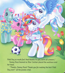 Size: 1280x1444 | Tagged: safe, artist:heckyeahponyscans, artist:lyn fletcher, minty, star catcher, sunny daze (g3), sweet breeze, earth pony, pegasus, pony, g3, official, beach towel, bipedal, braid, charm, clothes, decoration, female, flower, flying, football, heart, heart eyes, jewelry, looking, looking down, mare, mini flags, necklace, pole, polo shirt, pony field day, ponytail, ribbon, scan, scrunchie, starry eyes, t-shirt, tulip, tying, visor, wingding eyes, wrapped up