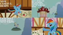 Size: 1986x1117 | Tagged: safe, edit, edited screencap, editor:quoterific, screencap, applejack, derpy hooves, rainbow dash, earth pony, pegasus, pony, g4, season 2, the last roundup, applejack's hat, bipedal, butt, cowboy hat, derp, duo, duo female, female, flying, hat, i just don't know what went wrong, open mouth, plot, rainbutt dash, stormcloud