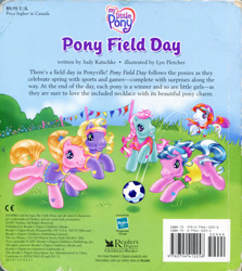 Size: 1280x1438 | Tagged: safe, artist:heckyeahponyscans, artist:lyn fletcher, cupcake (g3), daisyjo, minty, sunny daze (g3), sweet breeze, earth pony, pony, g3, official, back cover, bar code, book, clothes, decoration, description, determined, female, football, greener than green meadow, hasbro logo, headband, heart, heart eyes, kick, leaping, mare, mini flags, official book, overgrown, playing, pole, polo shirt, pony field day, ponytail, reader's digest, running, scrunchie, soccer field, sports, sports outfit, stripes, t-shirt, visor, wingding eyes