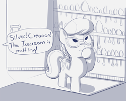 Size: 1567x1245 | Tagged: safe, artist:heretichesh, silver spoon, earth pony, pony, g4, braid, closet, dialogue, door, female, filly, glasses, offscreen character, solo, spoon, text, thinking