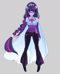 Size: 1588x1958 | Tagged: safe, artist:5mmumm5, sci-twi, twilight sparkle, equestria girls, adorasexy, adorkable, adorkasexy, bare shoulders, beautiful, beautisexy, breasts, busty twilight sparkle, cape, clothes, cute, dork, evening gloves, floating, glasses, gloves, hair accessory, long gloves, pants, ponied up, ponytail, sexy, simple background, smiling