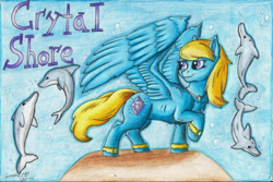 Size: 2188x1465 | Tagged: safe, artist:armorwing, oc, oc only, dolphin, pegasus, pony, female, looking back, mare, pegasus oc, raised hoof, traditional art, wings