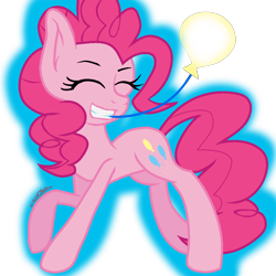 Size: 1080x1080 | Tagged: safe, artist:juliet-gwolf18, pinkie pie, earth pony, pony, g4, balloon, eyelashes, eyes closed, female, grin, looking back, mare, mouth hold, ponk, simple background, smiling, solo, transparent background