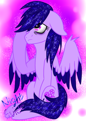 Size: 1547x2187 | Tagged: safe, artist:juliet-gwolf18, oc, oc only, pegasus, pony, abstract background, bags under eyes, ethereal mane, eyelashes, pegasus oc, raised hoof, sitting, solo, starry mane, two toned wings, wings
