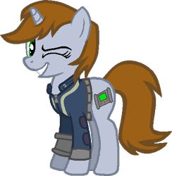 Size: 437x448 | Tagged: safe, artist:beanbases, artist:pegasski, oc, oc only, oc:littlepip, pony, unicorn, fallout equestria, g4, base used, clothes, eyelashes, female, grin, horn, mare, one eye closed, show accurate, simple background, smiling, solo, transparent background, wink