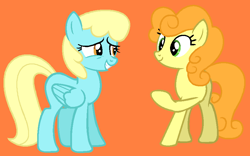 Size: 854x533 | Tagged: safe, artist:katliynrusshia, artist:maddieadopts, carrot top, golden harvest, sassaflash, earth pony, pegasus, pony, g4, background pony, base used, blank flank, buddies, carrotflash, cute, cutie top, duo, duo female, female, folded wings, friends, grin, lesbian, mare, narrowed eyes, orange background, sassabetes, shipping, simple background, smiling, wings