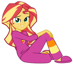 Size: 1282x1143 | Tagged: safe, artist:gmaplay, sunset shimmer, equestria girls, g4, wake up!, spoiler:eqg series (season 2), clothes, cute, lidded eyes, looking at you, pajamas, raised eyebrow, shimmerbetes, simple background, sitting, slippers, smiling, solo, transparent background, vector, wake up!: applejack