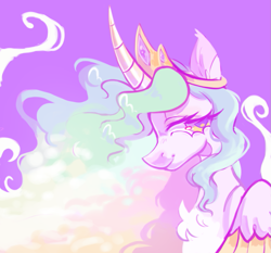 Size: 1059x988 | Tagged: safe, artist:onionpwder, princess celestia, alicorn, pony, g4, alternate hairstyle, chest fluff, crown, curved horn, ear fluff, female, horn, jewelry, mare, purple background, regalia, simple background, solo