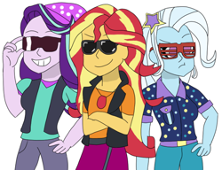 Size: 1132x869 | Tagged: safe, artist:robdog97, starlight glimmer, sunset shimmer, trixie, equestria girls, g4, crossed arms, female, group, magical trio, simple background, sunglasses, trio, white background