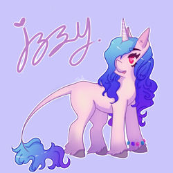 Size: 2048x2048 | Tagged: safe, artist:gingertea1711, izzy moonbow, pony, unicorn, g5, blue background, cloven hooves, female, high res, leonine tail, looking back, mare, open mouth, signature, simple background, solo, tail, text, unshorn fetlocks