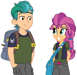 Size: 1024x1009 | Tagged: safe, artist:emeraldblast63, hitch trailblazer, sunny starscout, equestria girls, g4, g5, backpack, bag, braid, clothes, equestria girls-ified, female, g5 to equestria girls, g5 to g4, grin, hilarious in hindsight, looking at each other, male, redesign, shipping fuel, shirt, shorts, simple background, smiling, sunny's bag, teeth, transparent background