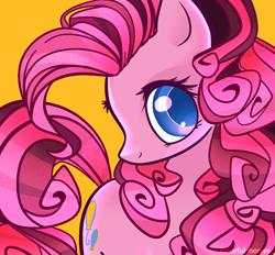 Size: 2500x2316 | Tagged: safe, artist:syrupyyy, pinkie pie, earth pony, pony, g4, colored pupils, cute, diapinkes, female, high res, mare, ponk, simple background, solo, yellow background