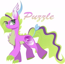 Size: 2343x2294 | Tagged: safe, artist:alister-calouro, oc, oc only, oc:jigsaw puzzle, dracony, hybrid, chest fluff, claws, female, high res, interspecies offspring, offspring, parent:rarity, parent:spike, parents:sparity, simple background, white background