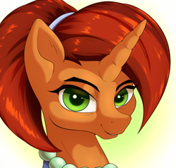 Size: 2100x2000 | Tagged: safe, artist:aquaticvibes, stellar flare, pony, unicorn, g4, bust, female, green eyes, high res, jewelry, looking at you, mare, necklace, pearl necklace, portrait, smiling, solo