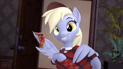 Size: 3840x2160 | Tagged: safe, artist:owlpirate, derpy hooves, pegasus, pony, g4, 3d, cute, delivery, delivery pony, derpabetes, food, high res, pizza, pizza delivery, smiling, solo, source filmmaker, tomato pizza, wing hands, wings