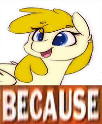 Size: 413x500 | Tagged: safe, artist:anonymous, artist:omiilett studios, edit, oc, oc only, oc:artemis sparkshower, pegasus, pony, fanfic:everyday life with guardsmares, because, everyday life with guardsmares, female, guardsmare, mare, meme, pegasus oc, reaction image, royal guard, smiling, text, why