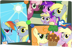 Size: 349x234 | Tagged: safe, artist:nelnobody, amethyst star, carrot top, cheerilee, derpy hooves, dinky hooves, golden harvest, rainbow dash, sparkler, earth pony, pegasus, pony, unicorn, g4, carrot, food, herbivore, muffin, one eye closed, photo, smiling, tongue out, wink
