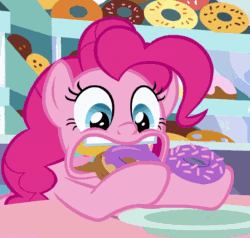 Size: 800x760 | Tagged: safe, edit, edited screencap, screencap, pinkie pie, earth pony, pony, g4, season 9, the ending of the end, animated, cropped, donut, eating, female, food, gif, mare, reversed, solo
