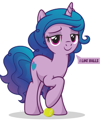 Size: 2886x3507 | Tagged: safe, artist:le-23, izzy moonbow, pony, unicorn, g5, bedroom eyes, female, high res, izzy's tennis ball, looking at you, mare, simple background, solo, speech bubble, tennis ball, that pony sure does love tennis balls, transparent background