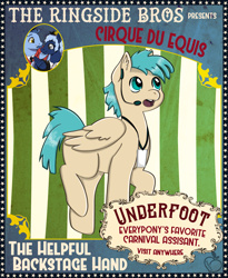 Size: 2300x2800 | Tagged: safe, artist:peachy-pea, part of a set, oc, oc only, pegasus, pony, series:cirqueduequis, circus, clothes, ear fluff, folded wings, hat, headset, high res, looking up, male, meta, open mouth, poster, raised hoof, smiling, stallion, suit, wings