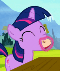 Size: 276x325 | Tagged: safe, edit, edited screencap, screencap, twilight sparkle, pony, unicorn, g4, sparkle's seven, animated, apple, female, filly, filly twilight sparkle, food, reversed, younger