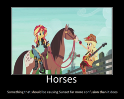 Size: 1075x860 | Tagged: safe, artist:thejboy88, edit, edited screencap, screencap, applejack, lonestar, sunset shimmer, horse, equestria girls, friendship through the ages, g4, country applejack, furry confusion, guitar, horse riding, horse riding a horse, motivational poster, musical instrument, riding, riding a pony