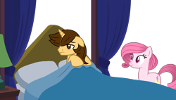 Size: 2064x1175 | Tagged: safe, artist:muhammad yunus, oc, oc only, oc:annisa trihapsari, oc:ej, alicorn, earth pony, pony, alicorn oc, base used, bed, bedroom, bedroom eyes, duo, earth pony oc, female, floppy ears, horn, in bed, male, mare, not rarity, pink body, pink hair, simple background, sleeping, smiling, transparent background, vector, wings