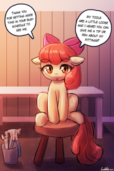 Size: 750x1125 | Tagged: safe, artist:lumineko, part of a set, apple bloom, earth pony, pony, g4, explicit source, female, filly, open mouth, solo, speech bubble, stool, tools