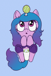 Size: 927x1388 | Tagged: safe, artist:cleverround, izzy moonbow, pony, unicorn, g5, baby, baby pony, ball, blue background, cute, diaper, diaper fetish, ear fluff, female, fetish, filly, filly izzy moonbow, gradient mane, hooves to the chest, horn, horn guard, horn impalement, hornball, izzy's tennis ball, izzybetes, looking up, lying down, on back, open mouth, simple background, solo, spread legs, spreading, tennis ball, underhoof, unshorn fetlocks, wetness indicator, younger